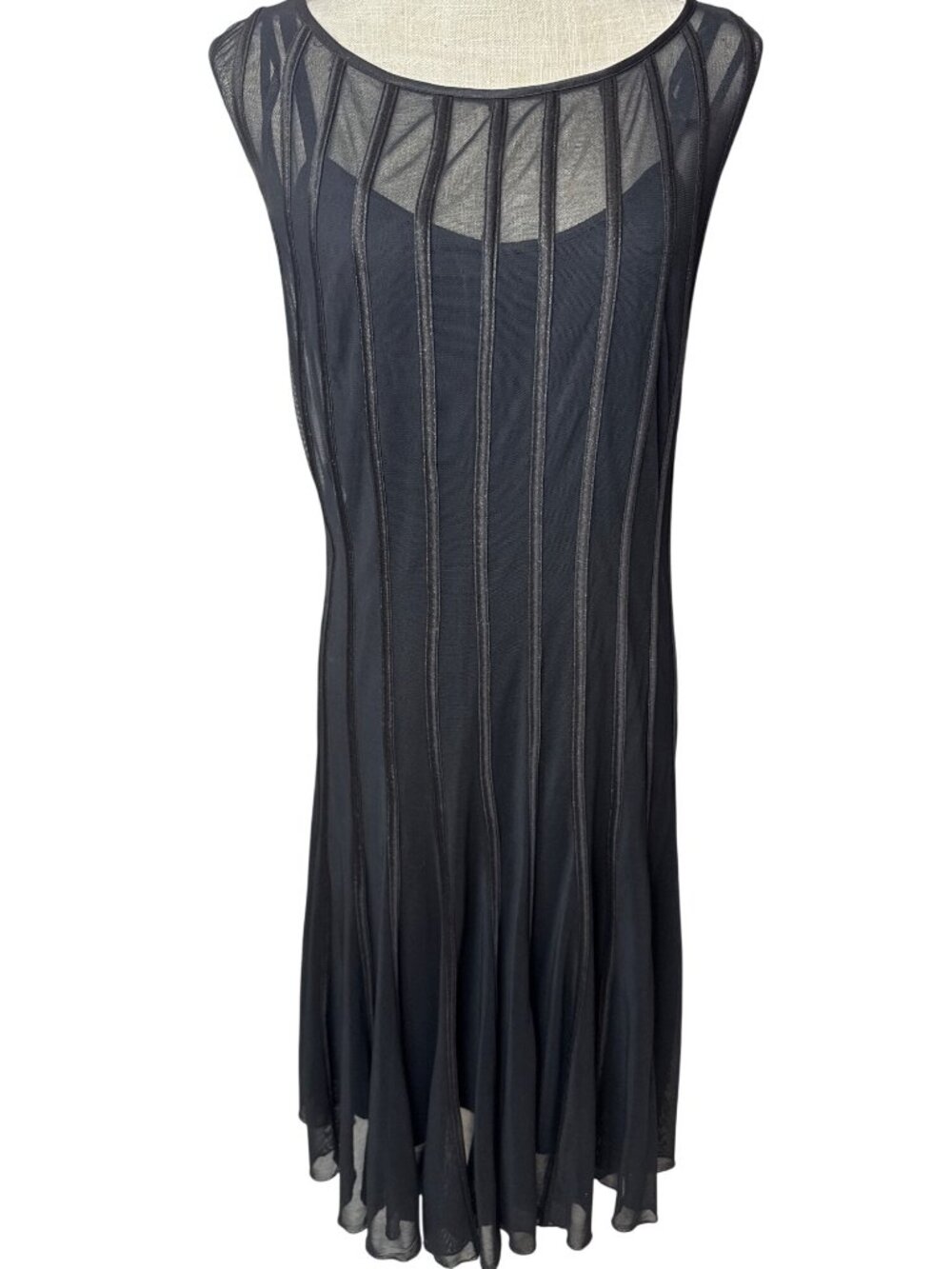 S.L. Fashions Black Sleeveless Sheer Overlay Dress W/Striped Detail & Slip 18W